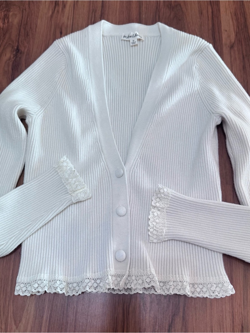 For Love And Lemons White Ribbed Lace-Trim Cardigan